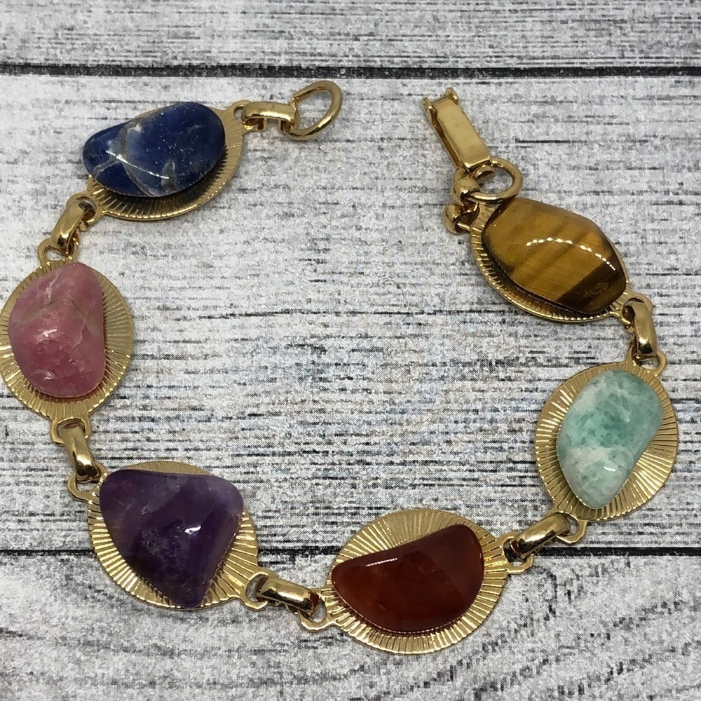 Vintage stone/gemstone chain links bracelet statement sz 8 wrist boho style